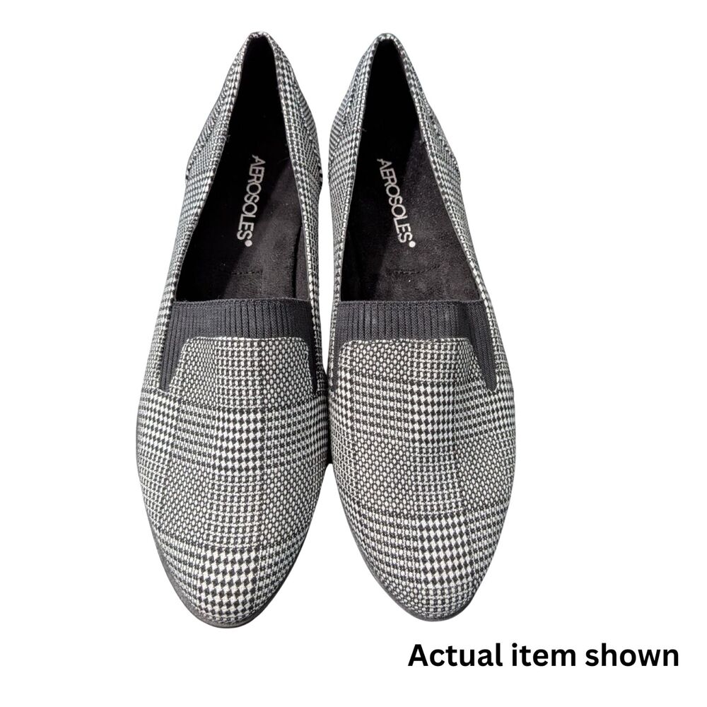 👞 Aerosoles 7.5 Comfortable Glen Plaid Loafers Pointed Toe Flats Black White - Picture 2 of 8
